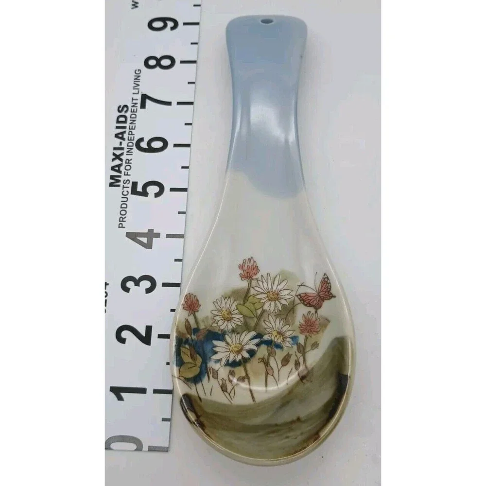 Vtg Otagiri Spoon Rest Flowers Butterfly Daisies Brown Blue Hand Painted Clover
